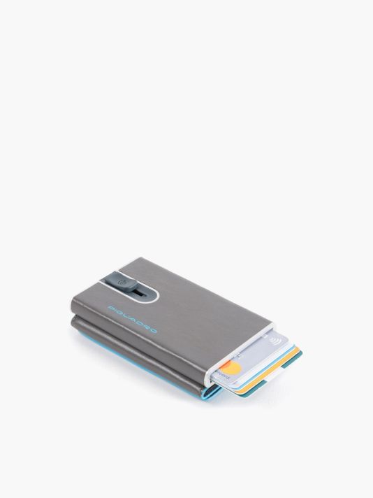 Piquadro, Blue Square, Leather Card Holder, Square Sliding System with Compact for Banknotes, PP4891B2R-GR6, Grey, For Men