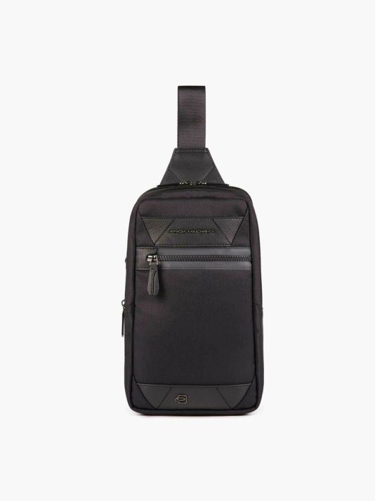 Piquadro, Trakai, Leather & Fabric, Mono Sling, Textile Crossbody Bag, Black, 42021990, 31 x 18 x 7 cm, For Men