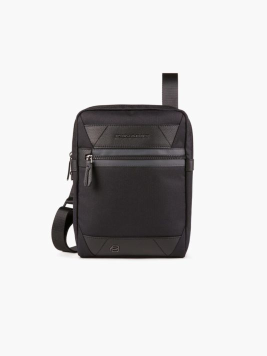 Piquadro, Trakai, Leather & Fabric, Small, Textile Crossbody Bag, Black, 27 x 21 x 5 cm, For Men