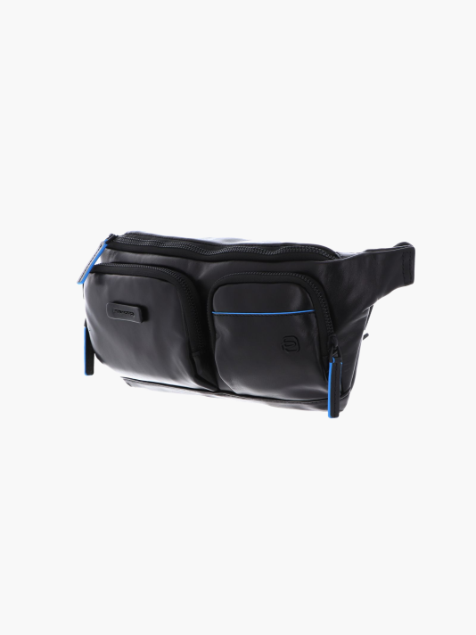 Piquadro, Blue Square, Genuine Leather, Textile Fanny Pack, Toiletry, CA5578B2V, Black, 32x14x7 cm, For Men