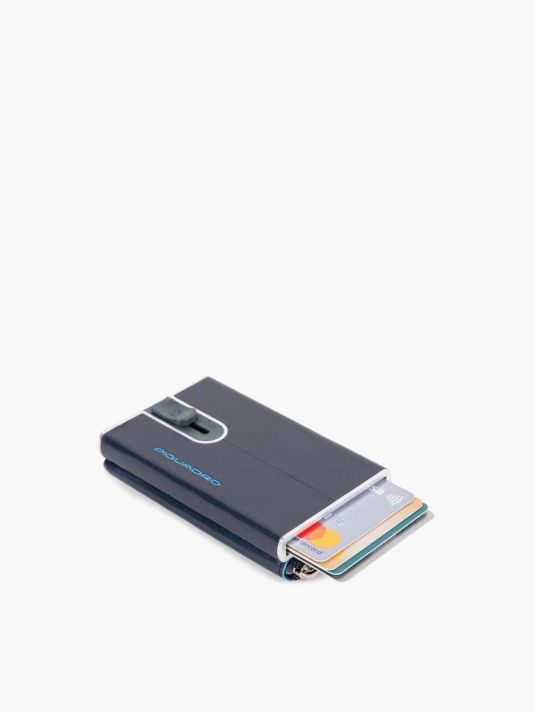 Piquadro, Blue Square, Leather Card Holder, Square Sliding System with Zipped Coin Pocket, PP5359B2R-BLU2, Blue, For Men