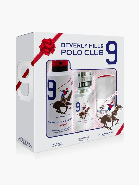 Set Beverly Hills Polo Club: 1982 - Sport 9, Eau De Toilette, For Men, 50 ml + 1982 - Sport 9, Anti-Perspirant, Deodorant Spray, For Men, 175 ml + 1982 - Sport 9, Anti-Perspirant, Deodorant Roll-On, For Men