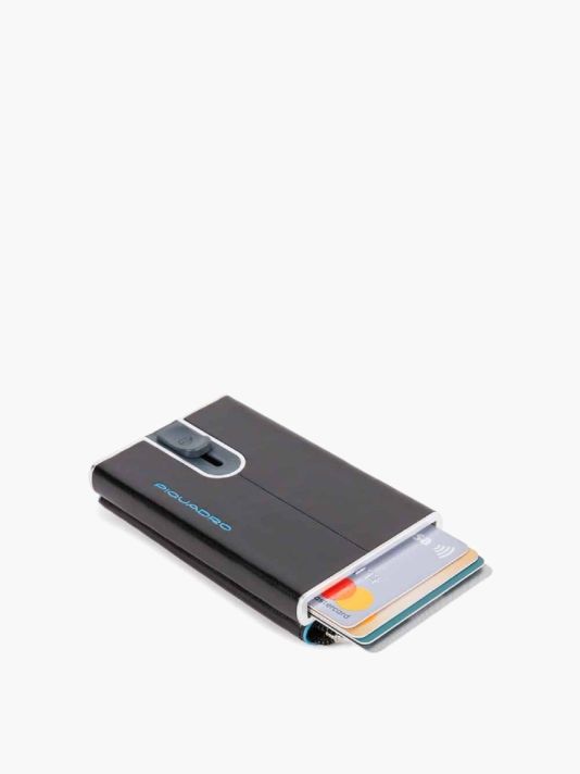 Piquadro, Blue Square, Leather Card Holder, Square Sliding System with Zipped Coin Pocket, PP5359B2R-N, Black, For Men