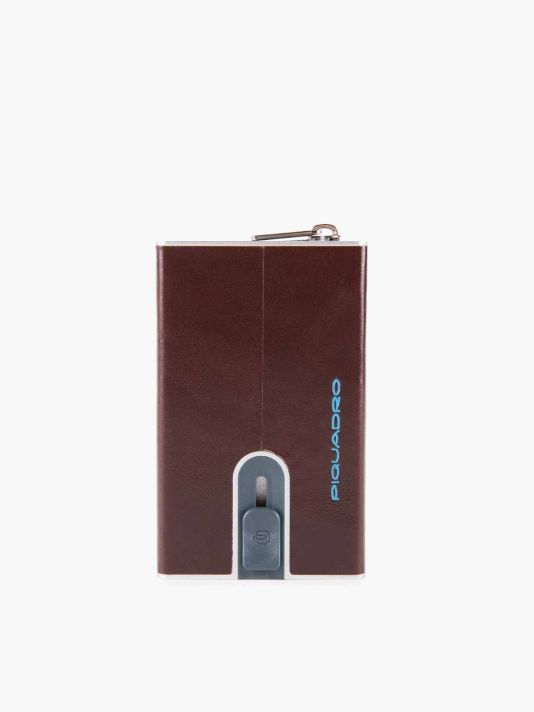 Piquadro, Blue Square, Leather Card Holder, Square Sliding System with Zipped Coin Pocket, PP5359B2R-MO, Mahogany, For Men