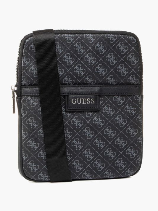 Guess, Dan, Flat Top Zip, Textile Crossbody Bag, Black, For Men