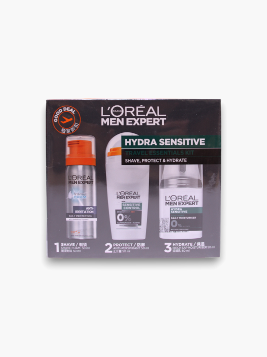 Travel Set L'Oreal Paris: Men Expert, Alcohol-Free, Hydrating & Regenerating, Day & Night, Cream, For Face, 50 ml + Men Expert, Alcohol-Free, Anti-Sweat, Deodorant Roll-On, For Men, 50 ml + Men Expert, Glycerin, Against Irritation, Shaving Foam