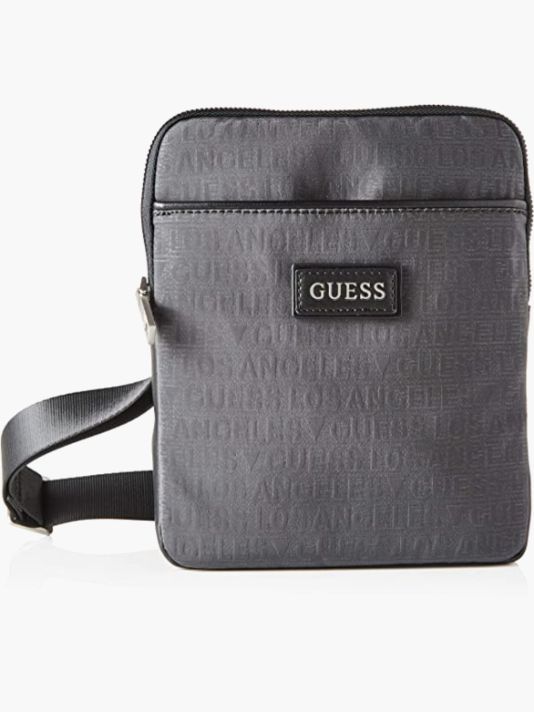 Guess, Dan, Flat Top Zip, Textile Crossbody Bag, Grey, 19 x 23 x 2.5 cm, For Men